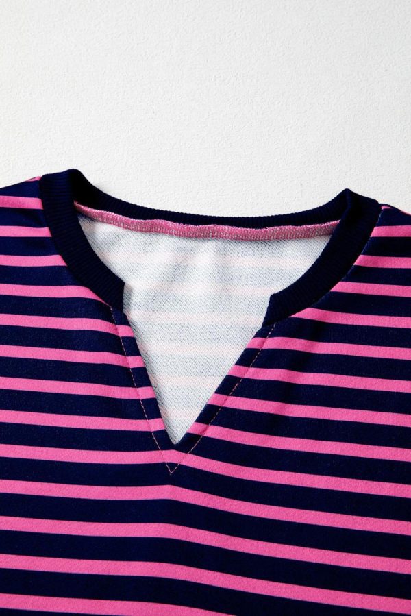 Long Sleeve Tops | Pink Stripe Color Block V Neck Loose Fit Long Sleeve Top - Women - Image 5