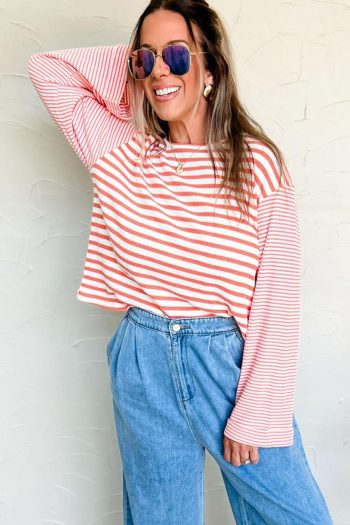 Long Sleeve Tops | Pink Striped Textured Patchwork Drop Sleeve Top - Women
