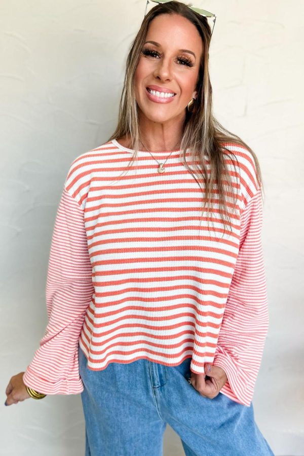 Long Sleeve Tops | Pink Striped Textured Patchwork Drop Sleeve Top - Women - Image 2