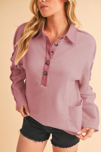 Long Sleeve Tops | Pink Waffle Patchwork Drop Sleeve Henley Top - Women