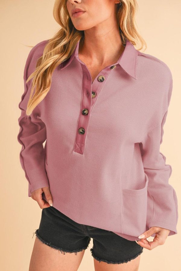 Long Sleeve Tops | Pink Waffle Patchwork Drop Sleeve Henley Top - Women