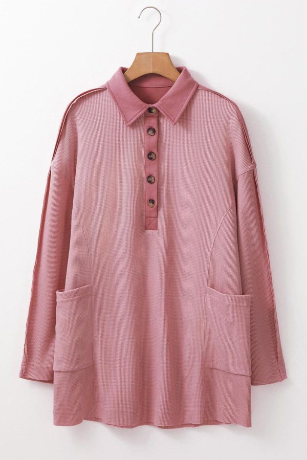 Long Sleeve Tops | Pink Waffle Patchwork Drop Sleeve Henley Top - Women - Image 2