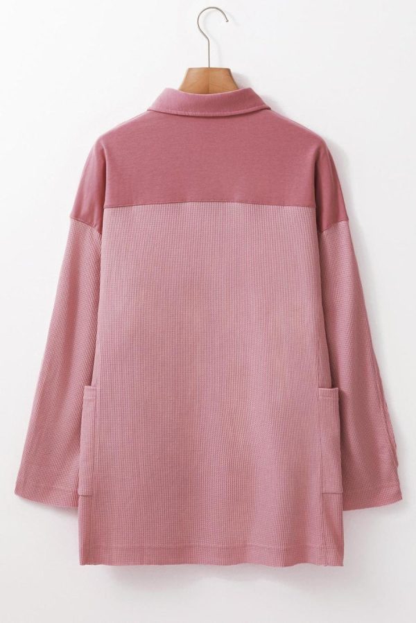 Long Sleeve Tops | Pink Waffle Patchwork Drop Sleeve Henley Top - Women - Image 3