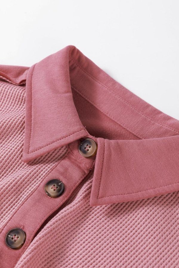 Long Sleeve Tops | Pink Waffle Patchwork Drop Sleeve Henley Top - Women - Image 4