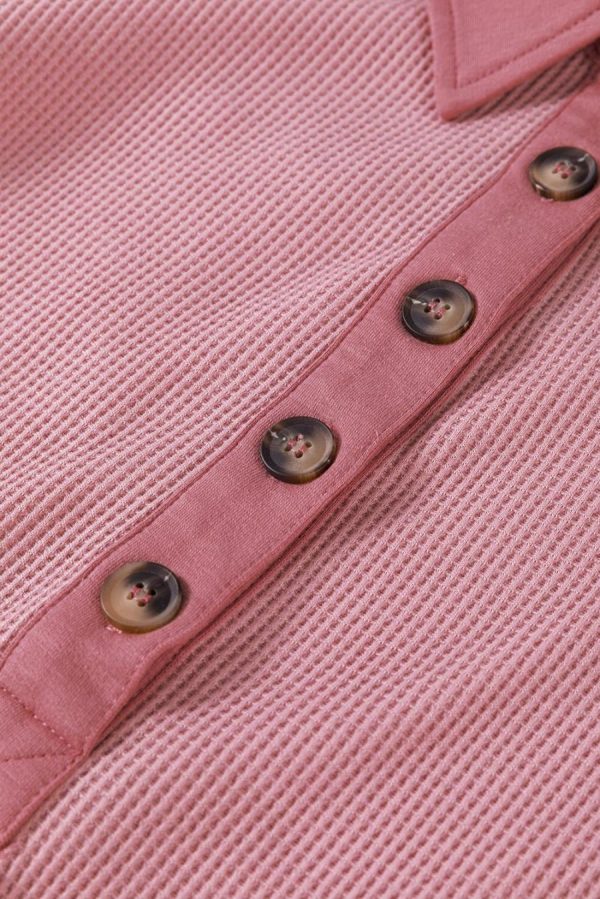 Long Sleeve Tops | Pink Waffle Patchwork Drop Sleeve Henley Top - Women - Image 5
