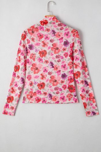 Long Sleeve Tops | Red Floral Print Long Sleeve Slim Fit Mesh Top - Women