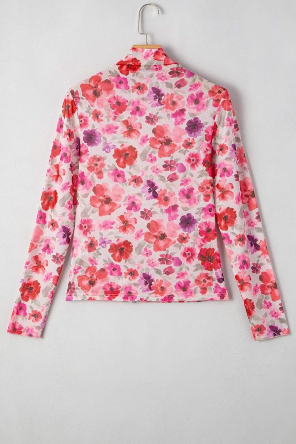 Long Sleeve Tops | Red Floral Print Long Sleeve Slim Fit Mesh Top - Women