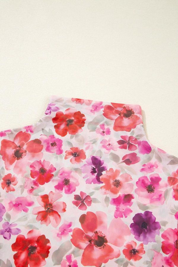 Long Sleeve Tops | Red Floral Print Long Sleeve Slim Fit Mesh Top - Women - Image 2