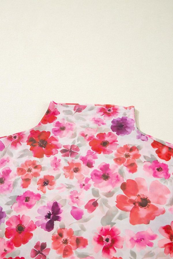Long Sleeve Tops | Red Floral Print Long Sleeve Slim Fit Mesh Top - Women - Image 3
