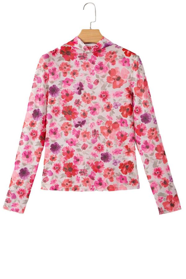 Long Sleeve Tops | Red Floral Print Long Sleeve Slim Fit Mesh Top - Women - Image 7