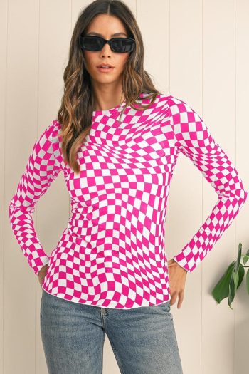 Long Sleeve Tops | Rose Checkered Pattern Mesh Long Sleeve Top - Women