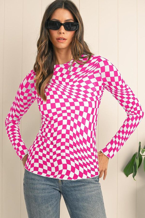 Long Sleeve Tops | Rose Checkered Pattern Mesh Long Sleeve Top - Women