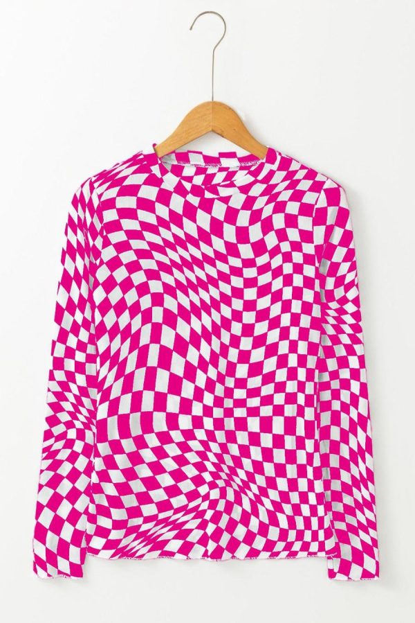 Long Sleeve Tops | Rose Checkered Pattern Mesh Long Sleeve Top - Women - Image 2