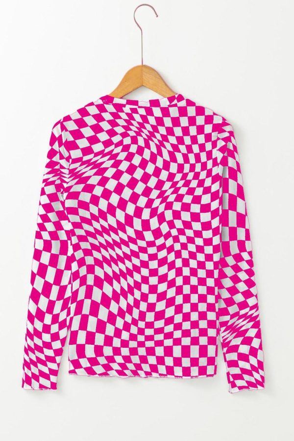 Long Sleeve Tops | Rose Checkered Pattern Mesh Long Sleeve Top - Women - Image 3