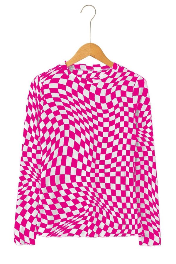 Long Sleeve Tops | Rose Checkered Pattern Mesh Long Sleeve Top - Women - Image 7