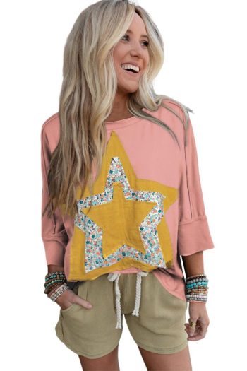 Long Sleeve Tops | Rose Tan Floral Star Patched Exposed Seam Top - Women
