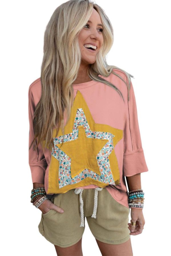 Long Sleeve Tops | Rose Tan Floral Star Patched Exposed Seam Top - Women