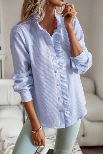 Long Sleeve Tops | Sky Blue Ruffled Long Sleeve Bubble Shirt - Women