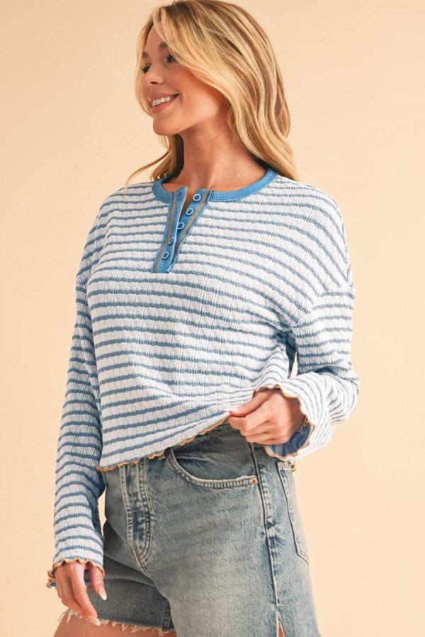 Long Sleeve Tops | Sky Blue Stripe Textured Long Sleeve Henley Top - Women - Image 3