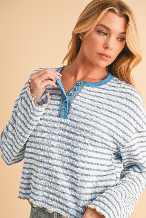 Long Sleeve Tops | Sky Blue Stripe Textured Long Sleeve Henley Top - Women - Image 4