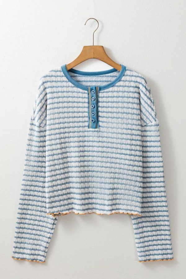 Long Sleeve Tops | Sky Blue Stripe Textured Long Sleeve Henley Top - Women - Image 6