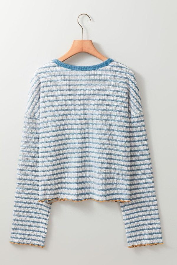 Long Sleeve Tops | Sky Blue Stripe Textured Long Sleeve Henley Top - Women - Image 7