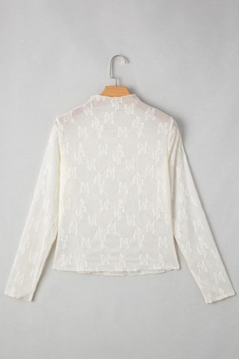 Long Sleeve Tops | White Butterfly Jacquard Mesh Long Sleeve Top - Women