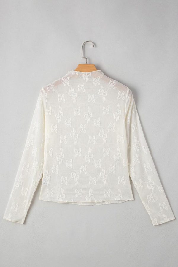 Long Sleeve Tops | White Butterfly Jacquard Mesh Long Sleeve Top - Women