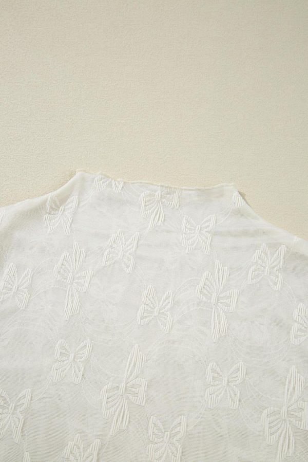 Long Sleeve Tops | White Butterfly Jacquard Mesh Long Sleeve Top - Women - Image 3