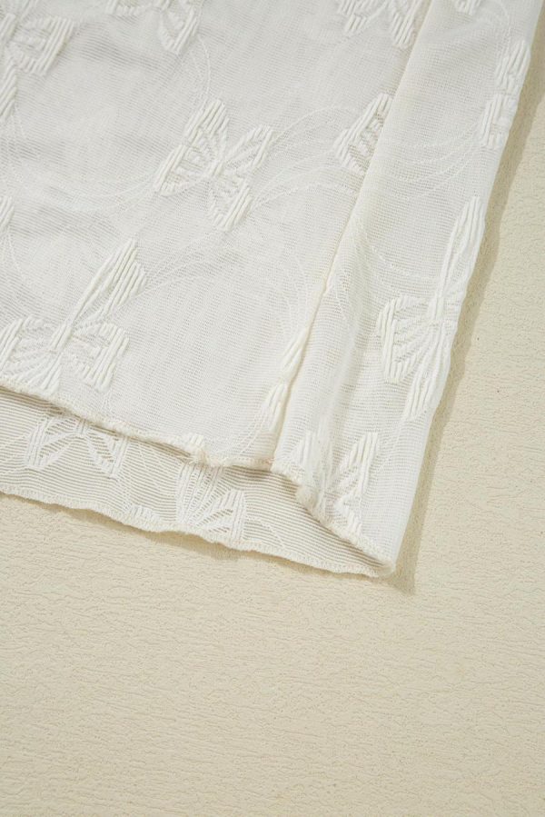 Long Sleeve Tops | White Butterfly Jacquard Mesh Long Sleeve Top - Women - Image 6