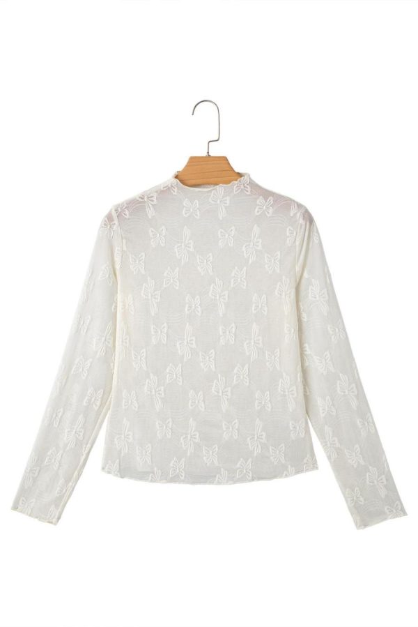 Long Sleeve Tops | White Butterfly Jacquard Mesh Long Sleeve Top - Women - Image 7