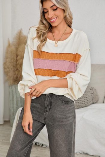 Long Sleeve Tops | White Corded Exposed Seam Patchwork Drop Sleeve Top - Women
