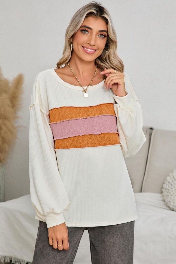 Long Sleeve Tops | White Corded Exposed Seam Patchwork Drop Sleeve Top - Women - Image 2