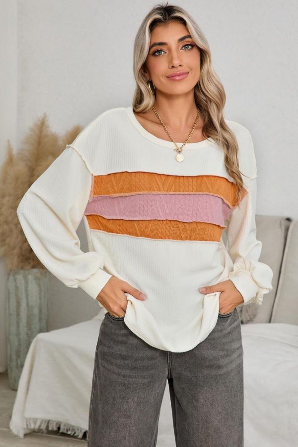 Long Sleeve Tops | White Corded Exposed Seam Patchwork Drop Sleeve Top - Women - Image 3
