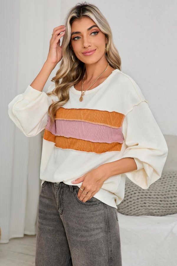 Long Sleeve Tops | White Corded Exposed Seam Patchwork Drop Sleeve Top - Women - Image 4