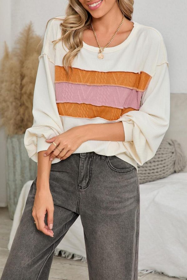 Long Sleeve Tops | White Corded Exposed Seam Patchwork Drop Sleeve Top - Women - Image 5