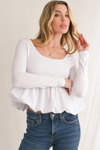 Long Sleeve Tops | White Elegant Scoop Neck Bubble Hem Long Sleeve Top - Women