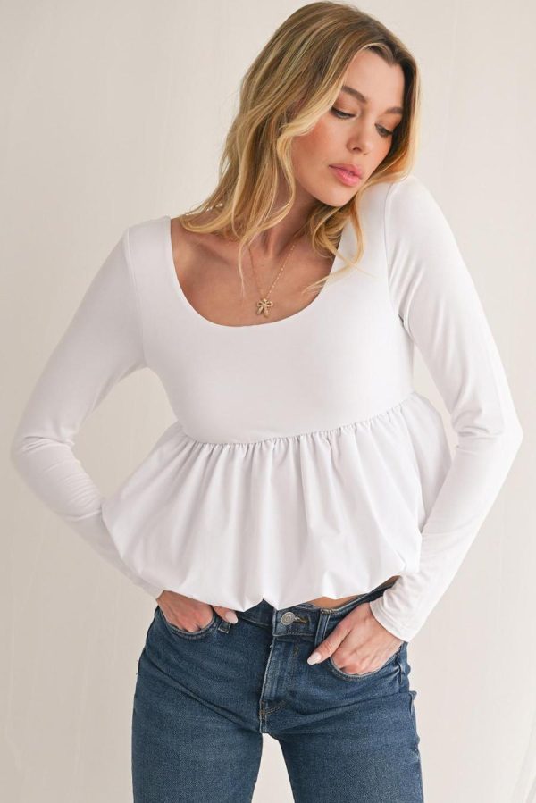 Long Sleeve Tops | White Elegant Scoop Neck Bubble Hem Long Sleeve Top - Women - Image 2