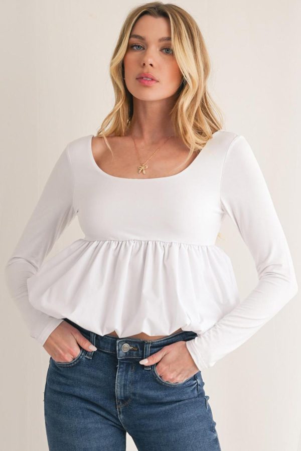 Long Sleeve Tops | White Elegant Scoop Neck Bubble Hem Long Sleeve Top - Women - Image 3