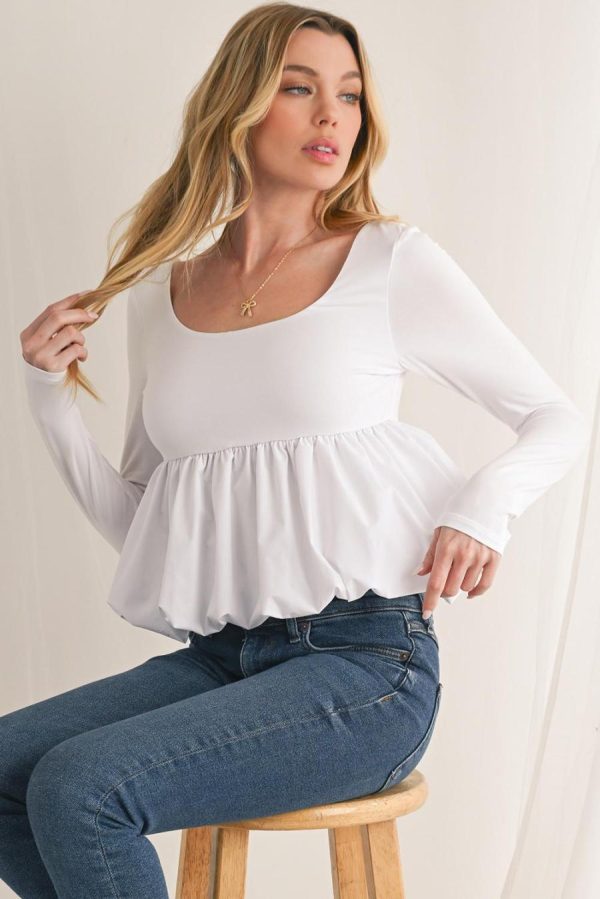 Long Sleeve Tops | White Elegant Scoop Neck Bubble Hem Long Sleeve Top - Women - Image 4
