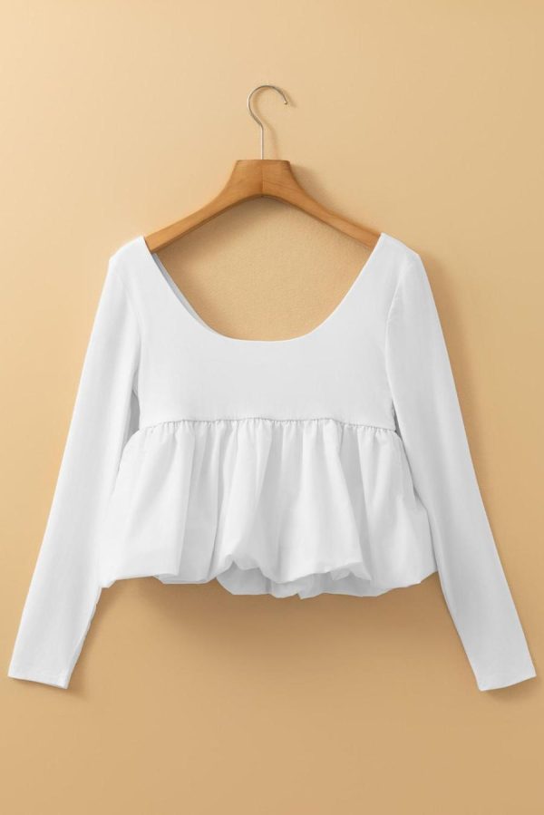 Long Sleeve Tops | White Elegant Scoop Neck Bubble Hem Long Sleeve Top - Women - Image 5