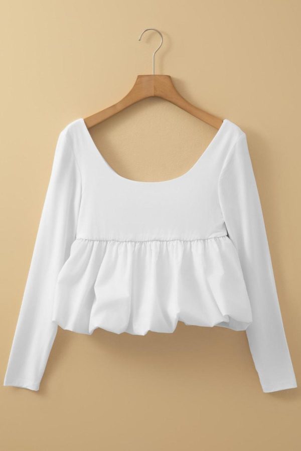 Long Sleeve Tops | White Elegant Scoop Neck Bubble Hem Long Sleeve Top - Women - Image 6