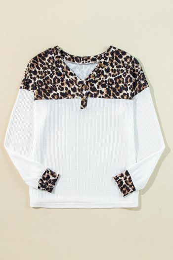 Long Sleeve Tops | White Leopard Waffle Knit Patchwork Button V Neck Top - Women