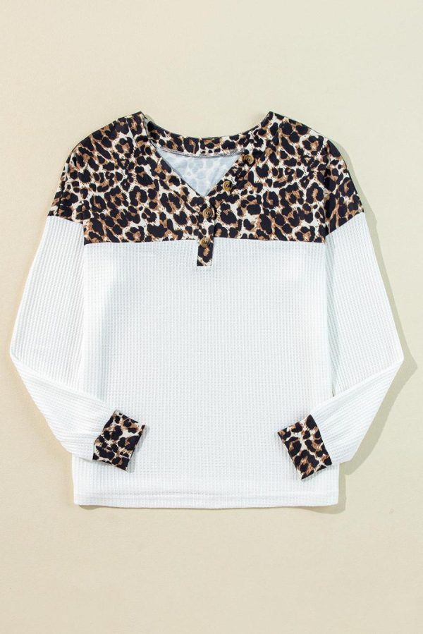 Long Sleeve Tops | White Leopard Waffle Knit Patchwork Button V Neck Top - Women