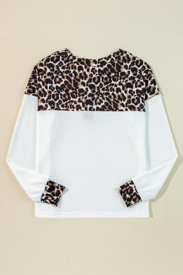 Long Sleeve Tops | White Leopard Waffle Knit Patchwork Button V Neck Top - Women - Image 2