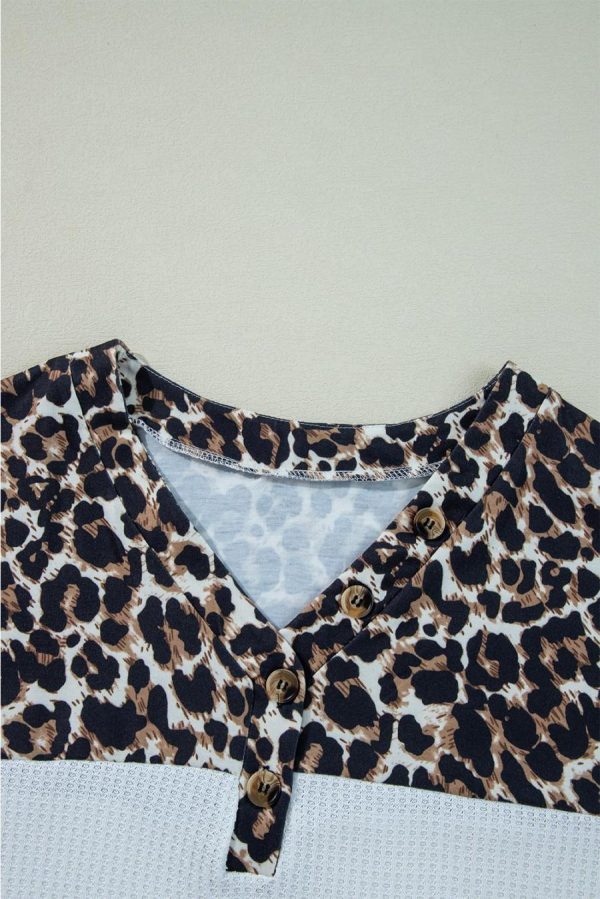 Long Sleeve Tops | White Leopard Waffle Knit Patchwork Button V Neck Top - Women - Image 3