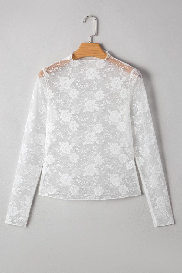 Long Sleeve Tops | White Mock Neck Floral Lace Mesh Long Sleeve Top - Women - Image 4