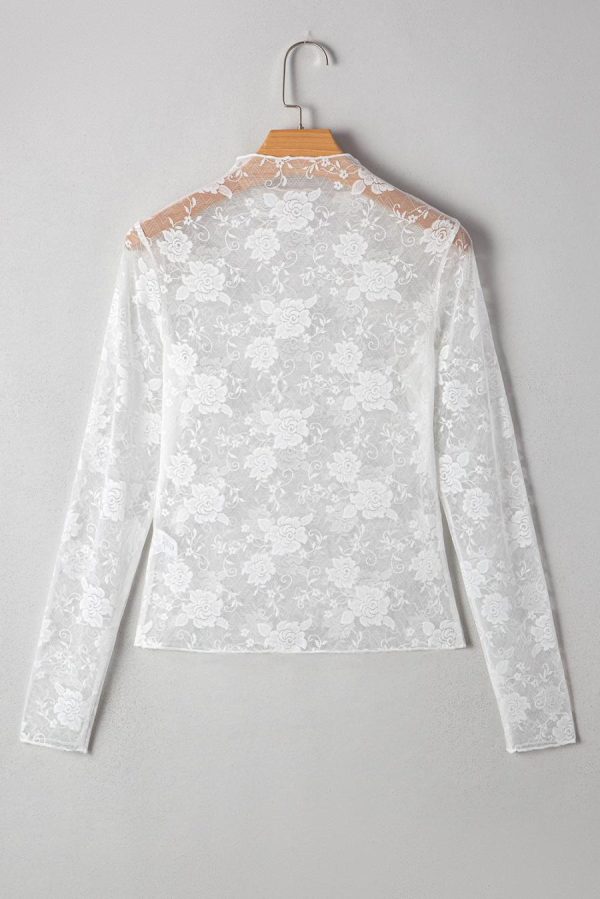 Long Sleeve Tops | White Mock Neck Floral Lace Mesh Long Sleeve Top - Women - Image 5