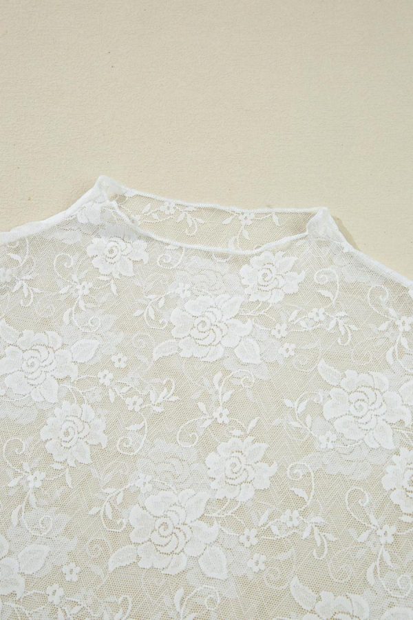Long Sleeve Tops | White Mock Neck Floral Lace Mesh Long Sleeve Top - Women - Image 6