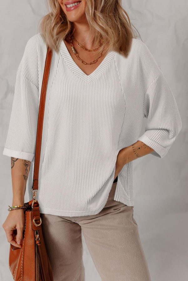 Long Sleeve Tops | White Solid Color Corded Drop Shoulder 3/4 Sleeve V Neck Top - Women